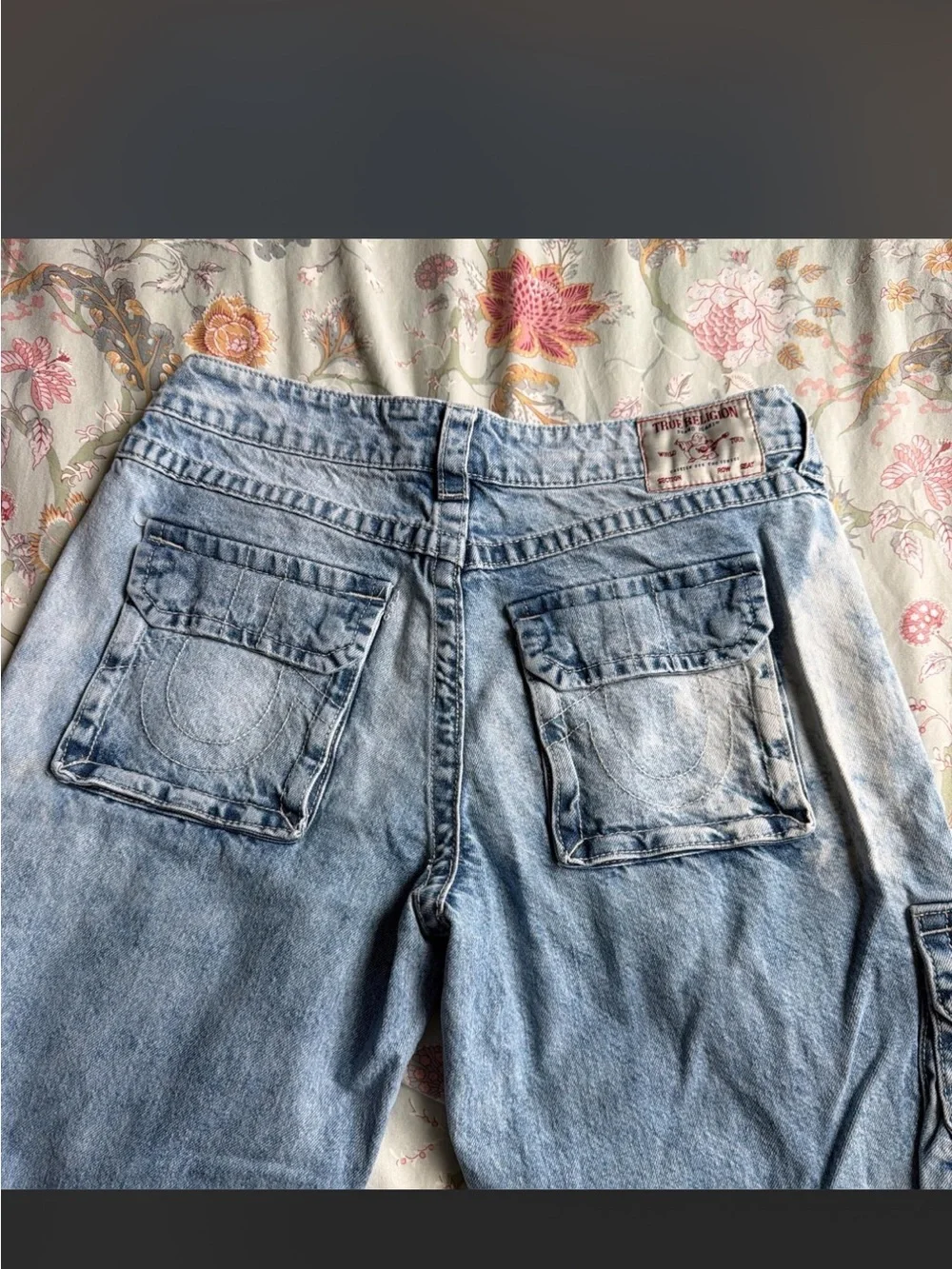 True Religion Light Blue Distressed Wide Leg Cargo Jeans NWOT